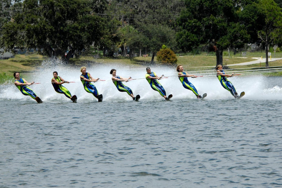 Skiers in formation during a show